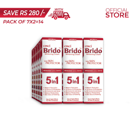 Brido 5 in 1 Skin Whitening Cream 25ml Pack of 7 x2=14 Pieces | Save Rs.280/- | Free Delivery