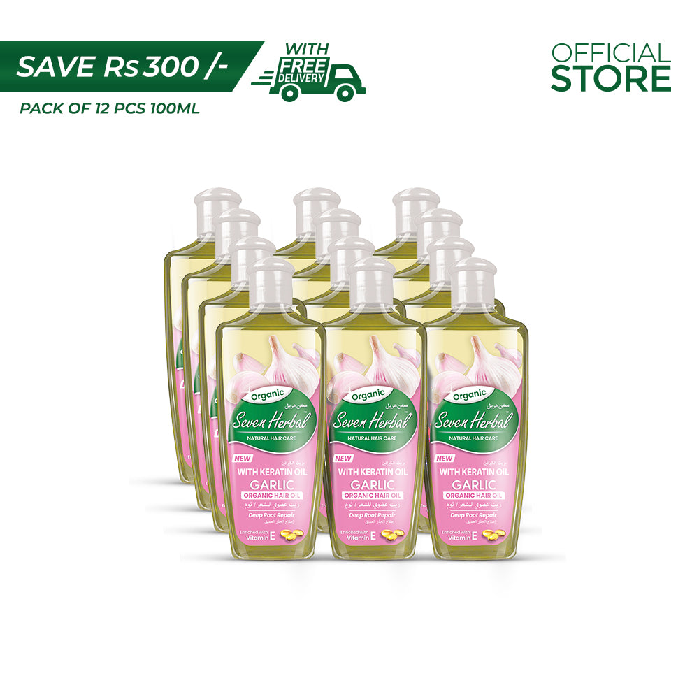 Garlic Hair Oil with Keratin Oil (100ml) | Pack of 12 Pieces | Save Rs.300/- | Free Delivery - Seven Herbal