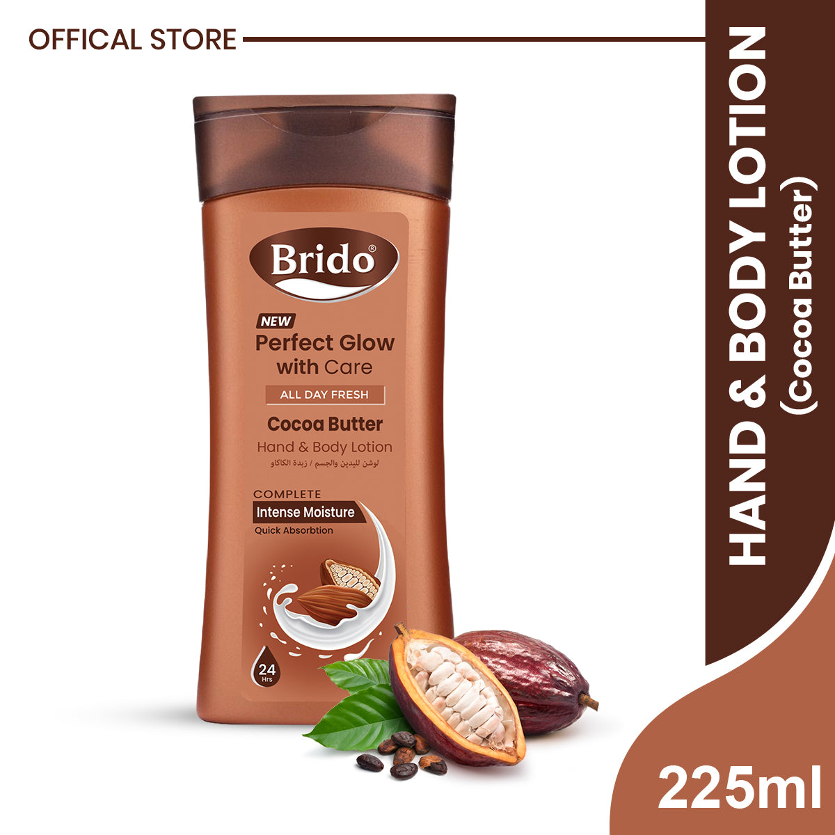 Brido Cocoa Butter Body Lotion (Skin Glow with Care) •	Heals hydrate chapped skin. •	Moisturizes the skin & gives a perfect glow. •	It reduces stretch marks and scars. •	It heals sensitive skin Cocoa butter is high in antioxidants, which help fight off free-radical damage. •	Made with natural cocoa butter. •	Non-greasy formula Gives perfect glow as well as softness. •	Locks the moisture in the skin.