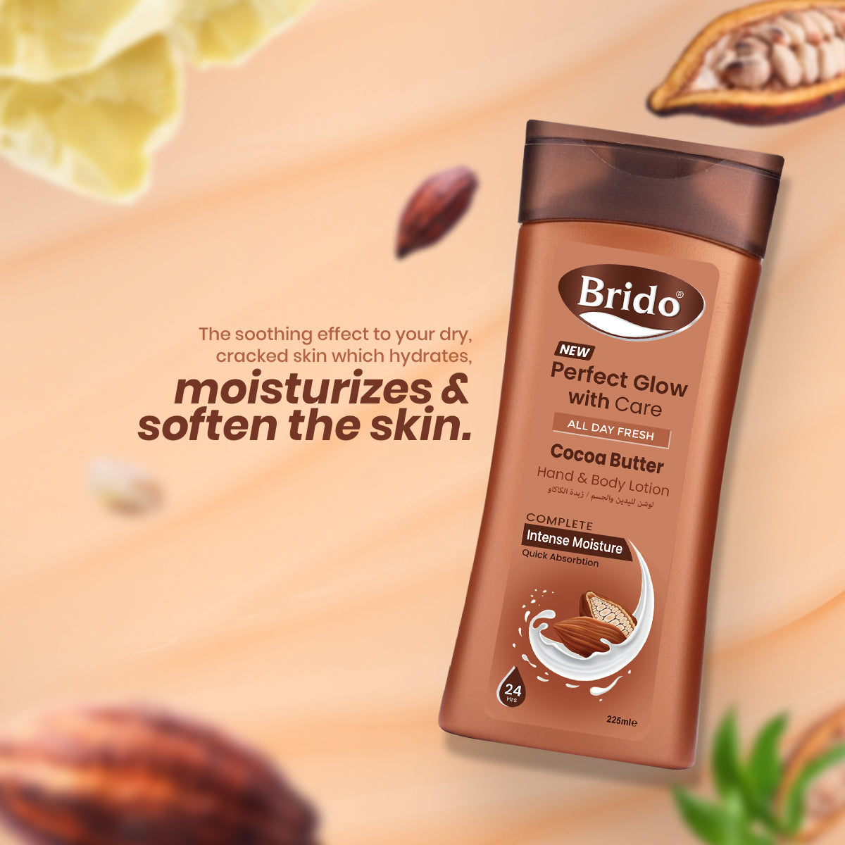 Brido Cocoa Butter Body Lotion (Skin Glow with Care) •	Heals hydrate chapped skin. •	Moisturizes the skin & gives a perfect glow. •	It reduces stretch marks and scars. •	It heals sensitive skin Cocoa butter is high in antioxidants, which help fight off free-radical damage. •	Made with natural cocoa butter. •	Non-greasy formula Gives perfect glow as well as softness. •	Locks the moisture in the skin.