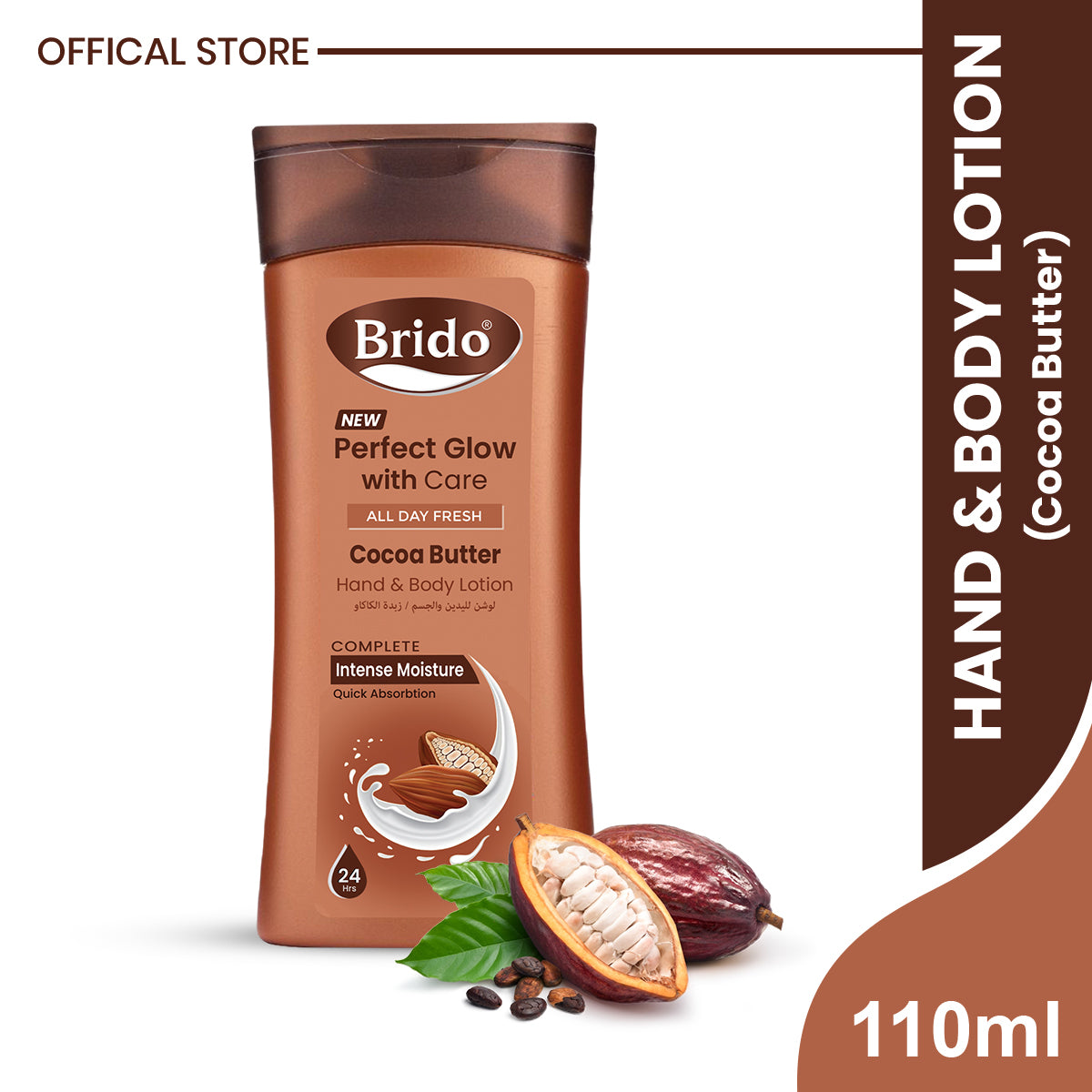 Brido Cocoa Butter Body Lotion (Skin Glow with Care) •	Heals hydrate chapped skin. •	Moisturizes the skin & gives a perfect glow. •	It reduces stretch marks and scars. •	It heals sensitive skin Cocoa butter is high in antioxidants, which help fight off free-radical damage. •	Made with natural cocoa butter. •	Non-greasy formula Gives perfect glow as well as softness. •	Locks the moisture in the skin.