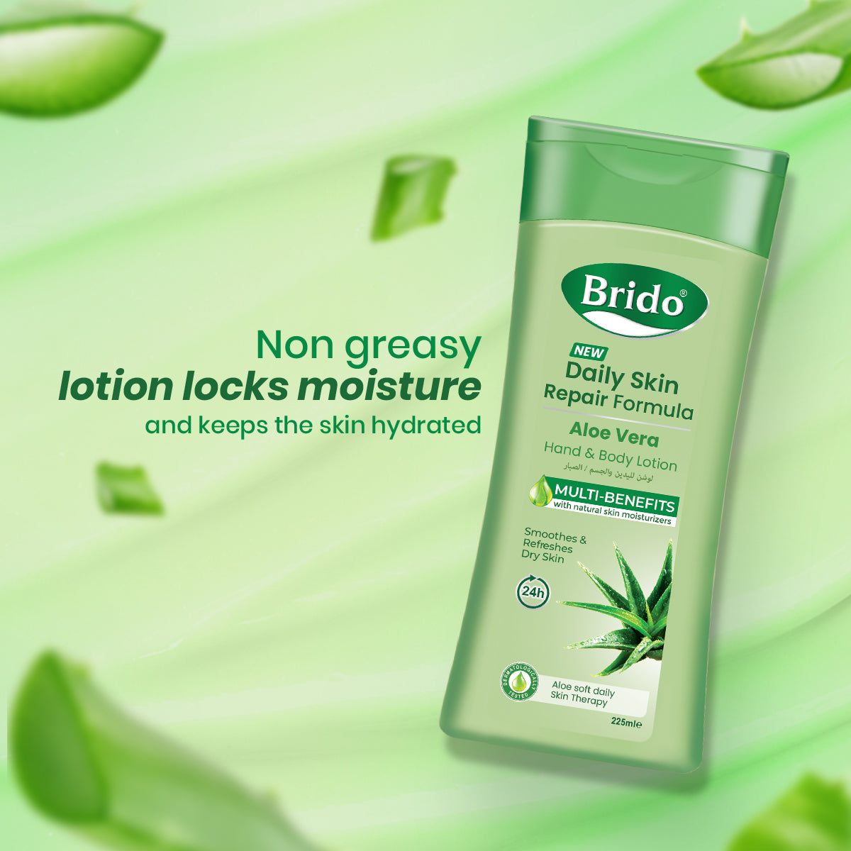  Aloe Vera Body Lotion (Skin Repair Formula) •	Skin is transformed from dry & stressed to nourished. •	Instantly moisturizes & calms dry skin to its actual, hydrated state. •	From dull to radiant skin. •	Cracked skin prevention & softens the skin. •	Made with natural ingredient Aloe Vera. •	Non-greasy formula. •	Prevents dry skin. •	Radiates the skin. •	Daily Skin Repair Formula