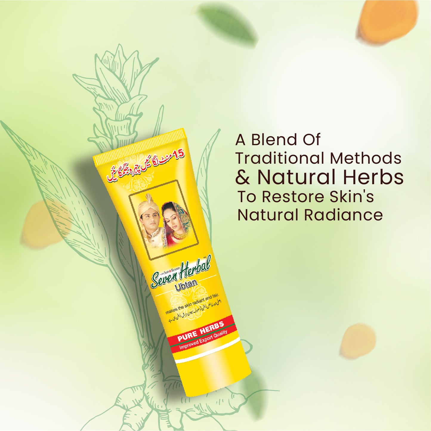 Seven Herbal ubtan is a blend of natural ingredients like Sandalwood, Honey, Turmeric, valerian herb, saffron, and Mallow extracts. All these ingredients are highly beneficial for improving skin texture and skin tone.