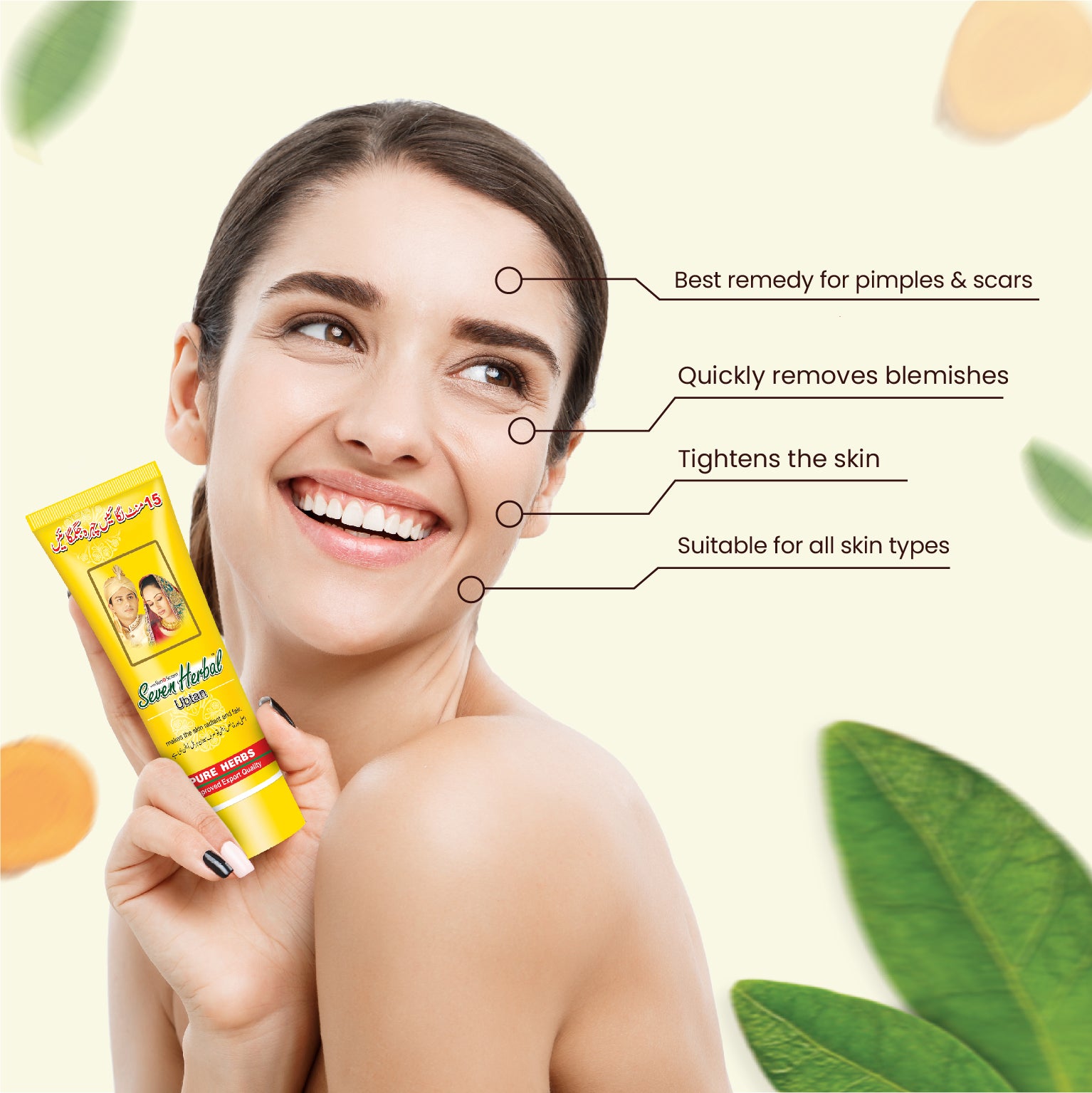 Seven Herbal ubtan is a blend of natural ingredients like Sandalwood, Honey, Turmeric, valerian herb, saffron, and Mallow extracts. All these ingredients are highly beneficial for improving skin texture and skin tone.