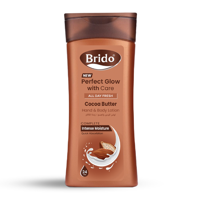 Brido Cocoa Butter Body Lotion (Skin Glow with Care) •	Heals hydrate chapped skin. •	Moisturizes the skin & gives a perfect glow. •	It reduces stretch marks and scars. •	It heals sensitive skin Cocoa butter is high in antioxidants, which help fight off free-radical damage. •	Made with natural cocoa butter. •	Non-greasy formula Gives perfect glow as well as softness. •	Locks the moisture in the skin.