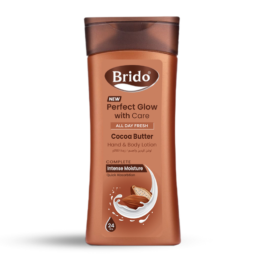 Brido Cocoa Butter Body Lotion (Skin Glow with Care) •	Heals hydrate chapped skin. •	Moisturizes the skin & gives a perfect glow. •	It reduces stretch marks and scars. •	It heals sensitive skin Cocoa butter is high in antioxidants, which help fight off free-radical damage. •	Made with natural cocoa butter. •	Non-greasy formula Gives perfect glow as well as softness. •	Locks the moisture in the skin.