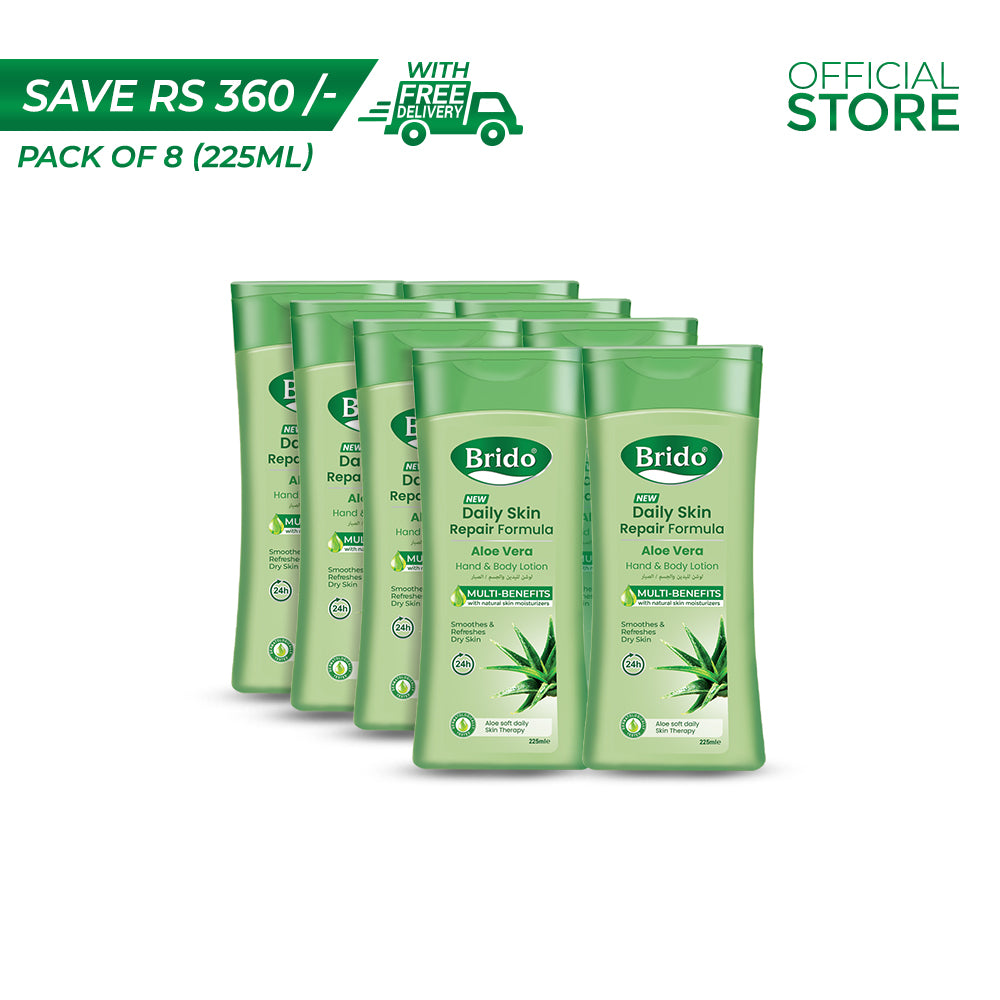 Brido Aloe Vera Hand and Body Lotion 225ml Pack of 8 Pieces | Save Rs.360/- | Free Delivery