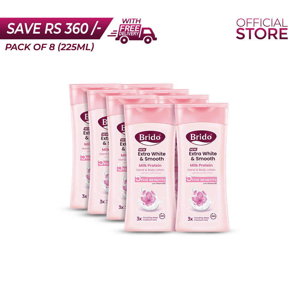 Brido Milk Protein Hand and Body Lotion 225ml Pack of 8 Pieces | Save Rs.360/- | Free Delivery